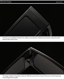 Detail view of durable metal hinges and high-gloss black frame of square sunglasses