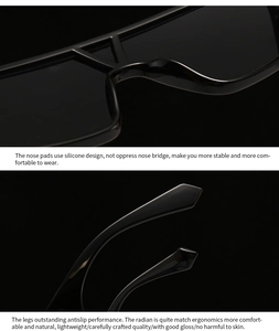 Detail view of smooth silicone nose pads and ergonomic temples on black square sunglasses