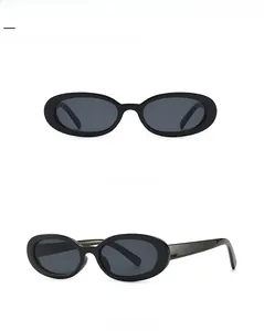 Front and 45-degree side view of oval black sunglasses with dark grey lenses