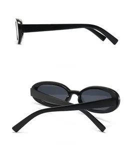 Side and back view of lightweight black oval sunglasses with polished finish