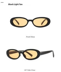 Detailed front and 45-degree side views of lightweight oval sunglasses in black and tan