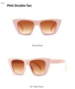 Pink full frame sunglasses with tea gradient lenses and golden triple rivets