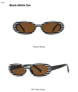 Front and 45-degree side view of oval cow print sunglasses with brown tinted lenses
