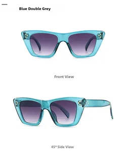 Front and side view of cat eye sunglasses in transparent blue with gold rivet accents