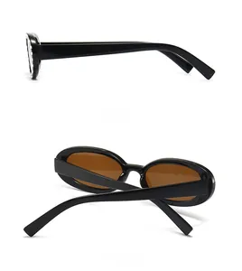 Side and back view of lightweight oval sunglasses with a sleek black frame and brown lenses