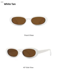 Front and 45-degree side views of retro small oval sunglasses in white with tan lenses