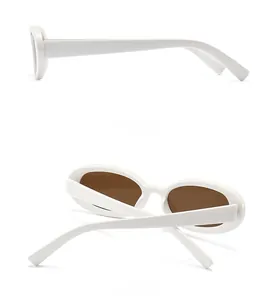 Side and back views of white small oval sunglasses with brown lenses and sleek temples