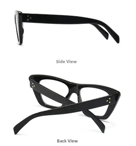 Detail view of black square sunglasses with iconic gold three-dot rivet hardware on the side