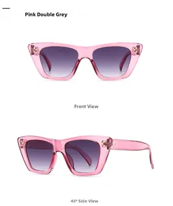 Detail view of pink translucent cat eye sunglasses with metal rivets and gradient lenses