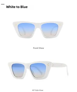 Front and side view of white cat-eye sunglasses with blue gradient lenses and gold rivets