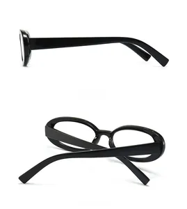 Side and back view of glossy black oval sunglasses showing wide temples and frame structure