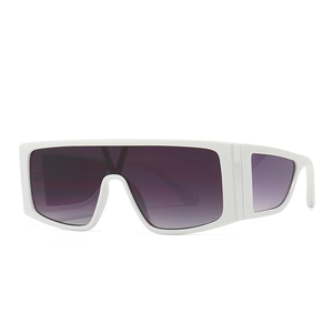 Modern white shield sunglasses with purple gradient lenses and V-shaped bridge detail
