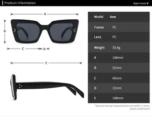 Detaillierte Größentabelle für Retro-Cateye-Sonnenbrillen mit PC-Rahmenmaßen und Gewicht