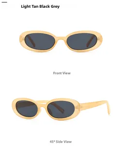 Detailed front and side view of oval retro sunglasses in translucent amber frame