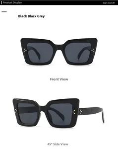 Vorderansicht und 45-Grad-Seitenansicht der schwarzen Cat-Eye-Sonnenbrille mit Metallnieten