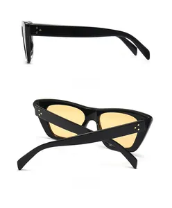 Side and back view of retro square sunglasses with thick black frames and three rivets