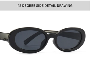 45-degree side view of modern black oval sunglasses showing the sleek temple hinge detail