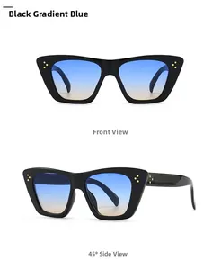 Detailed front and side view of retro cat eye sunglasses with gold rivet accents