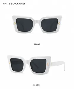 Front- und Seitenansicht der weißen rechteckigen Sonnenbrille mit Goldnieten und dunklen Gläsern