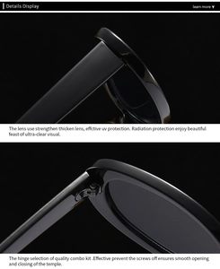 Detail view of thickened UV lenses and high-quality metal hinges on black sleek sunglasses