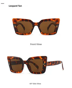 Front- und 45-Grad-Seitenansicht der Cat-Eye-Sonnenbrille mit Leopardenmuster und Nieten