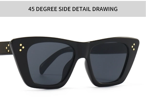 Close-up of retro black cat-eye sunglasses with three-point gold metal rivet details