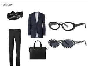 Flat lay of cow print sunglasses with blue pinstripe blazer and leather business bag
