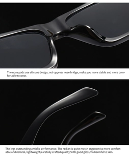 Detail of integrated silicone nose pads and ergonomic temples on black square sunglasses