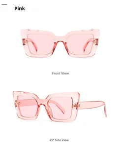 Vorder- und Seitenansicht der eckigen Cat-Eye Sonnenbrille mit transparent rosa Rahmen
