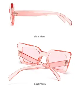 Seiten- und Rückansicht der rosa transparenten Cat-Eye-Sonnenbrille mit Nieten im Retro-Stil