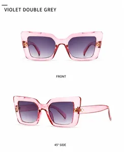 Vorderansicht und 45-Grad-Seitenansicht der Cat-Eye-Sonnenbrille mit violetten Gläsern