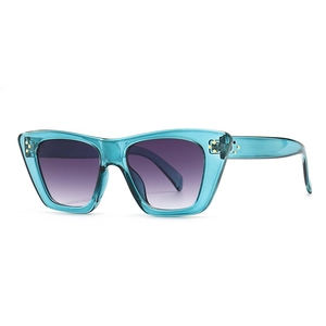 Modern cat-eye sunglasses with transparent blue frame and purple gradient lenses