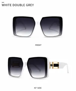 Detailansicht der quadratischen weißen Sonnenbrille mit Verlaufsgläsern und Goldakzenten