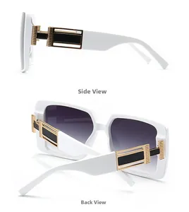 Detailsicht der weißen eckigen Sonnenbrille mit goldenem Metallscharnier und lila Verlaufsglas