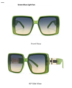 Detailsicht der grünen quadratischen Sonnenbrille mit blauem Verlauf und Goldakzenten