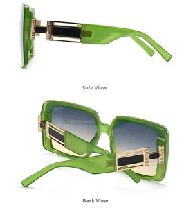 Detail der transparent grünen Sonnenbrille mit blau-gelbem Farbverlauf und Goldmetall-Akzent