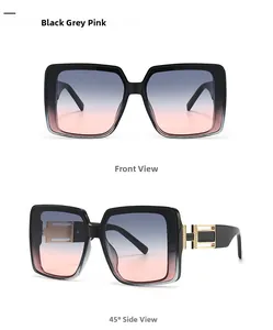 Nahaufnahme der quadratischen Sonnenbrille mit grau-rosa Verlaufsglas und Goldverzierung