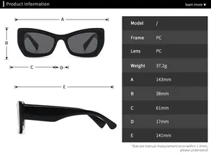 Detailed dimension guide for butterfly sunglasses showing frame size and lens measurements
