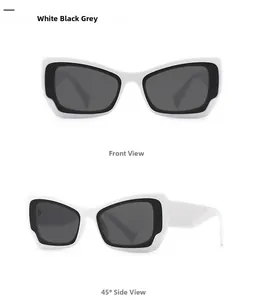 Detail view of butterfly cat-eye sunglasses with white frames and dark grey lenses