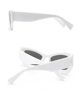Detailed side and back view of white butterfly sunglasses with dark grey lenses