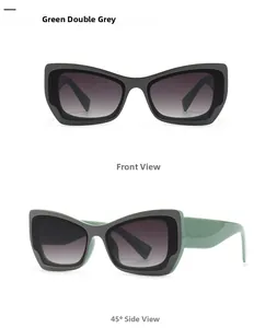 Front and 45-degree views of green double grey cat-eye sunglasses with gradient lenses