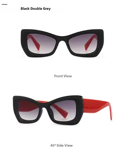 Front and 45-degree side views of black butterfly sunglasses with grey gradient lenses