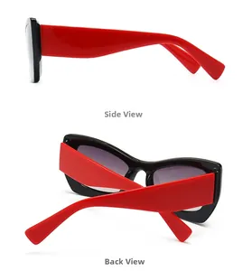 Side and back views of butterfly cat eye sunglasses in bold red and black contrast colors