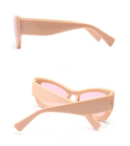 Side and back views of trendy butterfly sunglasses in pale pink with thick frames