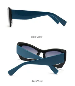 Detail view of butterfly sunglasses with black frames and matte teal temple arms