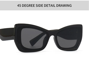 45-degree side view showing butterfly frame sunglasses with wide temples and dark lenses