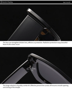 Detail of thickened black butterfly sunglasses lenses with reinforced hinge and UV protection