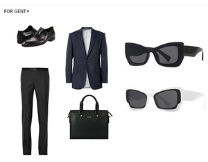 Flat lay of butterfly sunglasses set with navy blazer, trousers and business briefcase