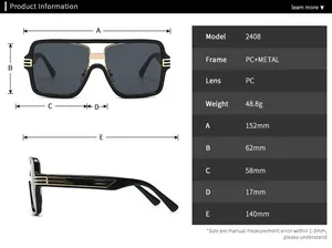 Detailed size guide and measurements for oversized square frame sunglasses with gold hardware