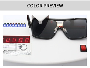 Detail view of large frame sunglasses showing UV400 protection test on professional device